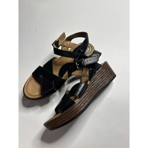B.O.C Sandals Womens 9M Black Faux Leather Platform Wedge Heel Adjustable Strap